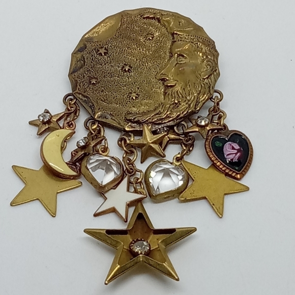 Jewelry - * vintage Moon Wizard with enamel stars & hearts charms pin brooch